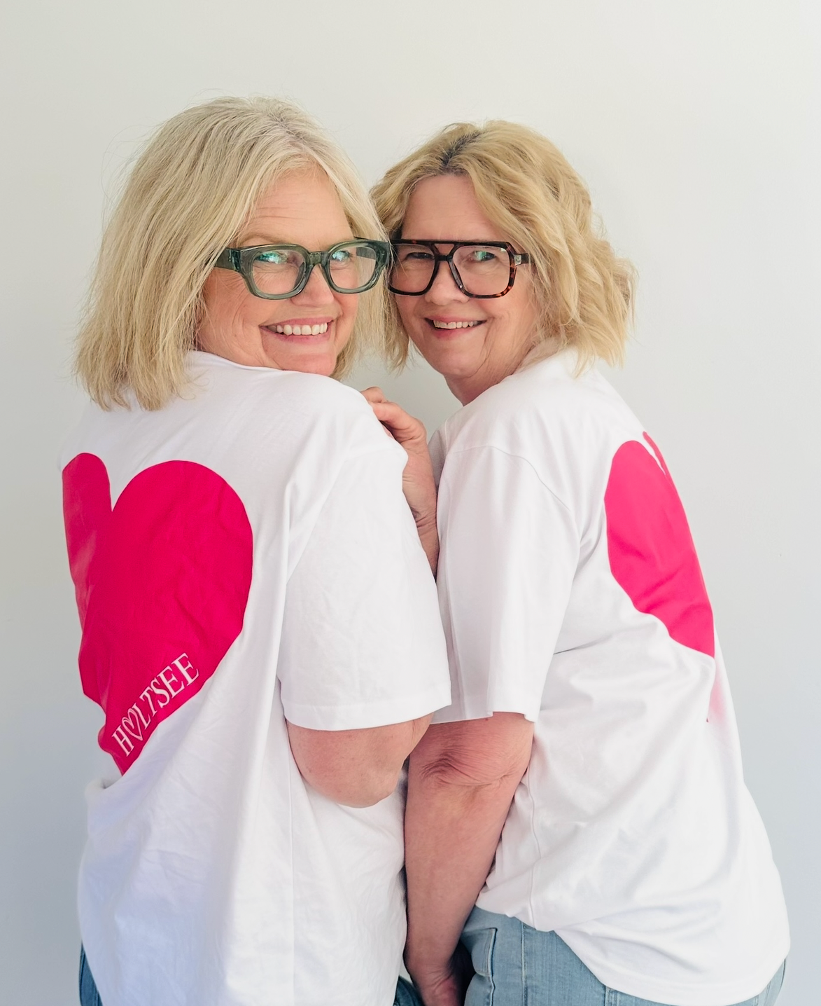 Lynda and Susie in pink Holtsee heart shirts